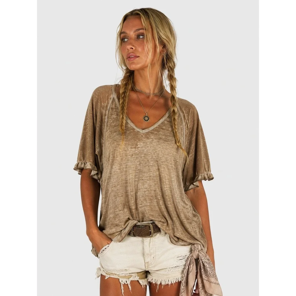 We The Free People Brown Burnout Oversized V-Neck T-Shirt L